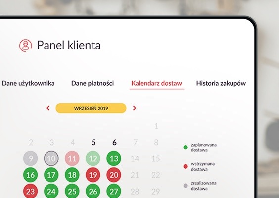 Panel klienta z czytelnym menu podzielonym na dostawy, historię, płatności, konto użytkownika