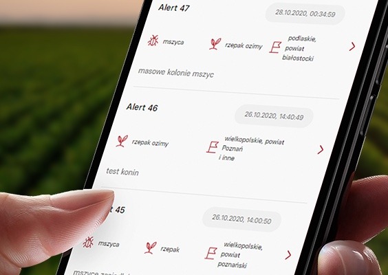 Lista alertów z uwzględnieniem regionów, dat, roślin i zagrożeń oraz notatkami