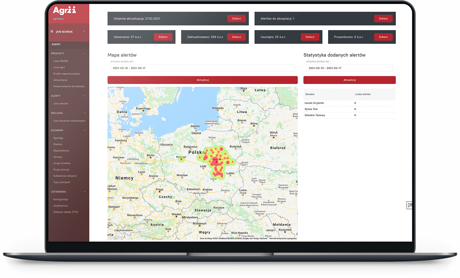 Panel zarządzania aplikacją z heatmapą alertów