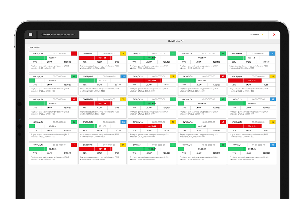 Dashboard lista zleceń dla produkcji dla tworznia harmonogramu produkcji